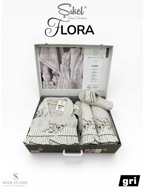Sikel home "Flora" Банный халат набор (халат, полотенца, тапочки, 100% хлопок) (Серый)