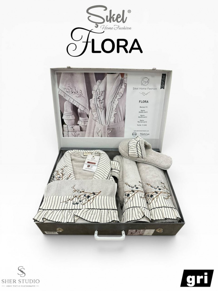 Sikel home "Flora" Банный халат набор (халат, полотенца, тапочки, 100% хлопок) (Серый)