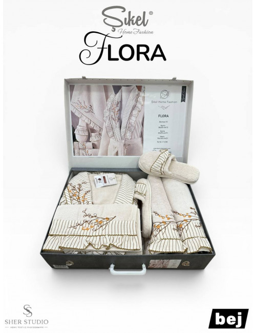 Sikel home "Flora" Банный халат набор (халат, полотенца, тапочки, 100% хлопок) (Бежевый)