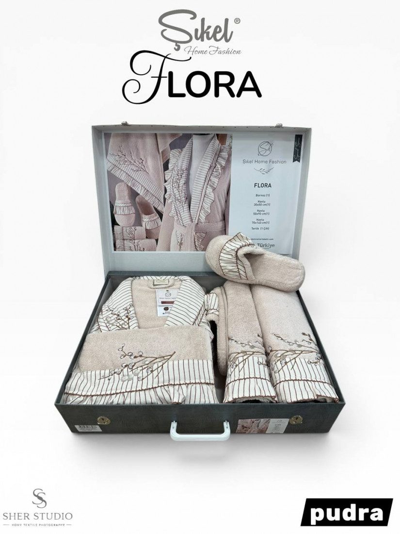 Sikel home "Flora" Банный халат набор (халат, полотенца, тапочки, 100% хлопок) (Пудра)