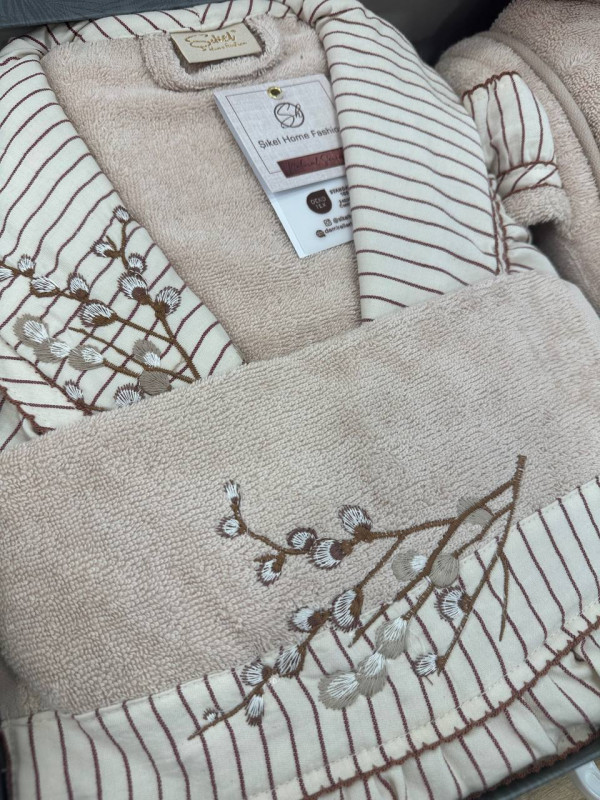 Sikel home "Flora" Банный халат набор (халат, полотенца, тапочки, 100% хлопок) (Пудра)