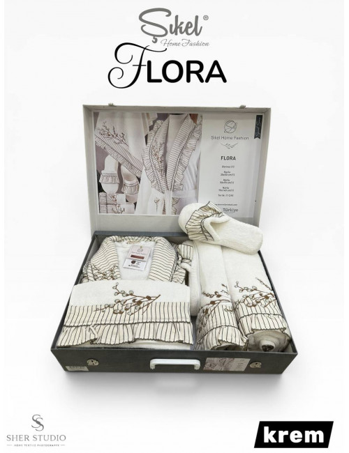 Sikel home "Flora" Банный халат набор (халат, полотенца, тапочки, 100% хлопок) (Кремовый)