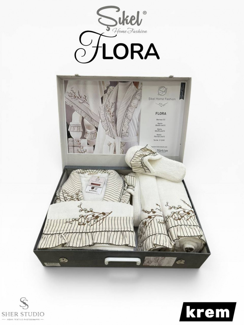Sikel home "Flora" Банный халат набор (халат, полотенца, тапочки, 100% хлопок) (Кремовый)