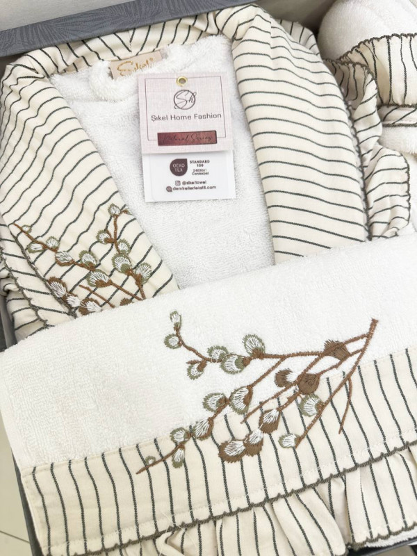 Sikel home "Flora" Банный халат набор (халат, полотенца, тапочки, 100% хлопок) (Кремовый)