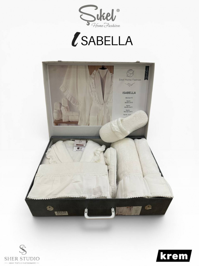 Sikel home "ISABELLA" Банный халат набор (халат, полотенца, тапочки, 100% хлопок) (Кремовый)