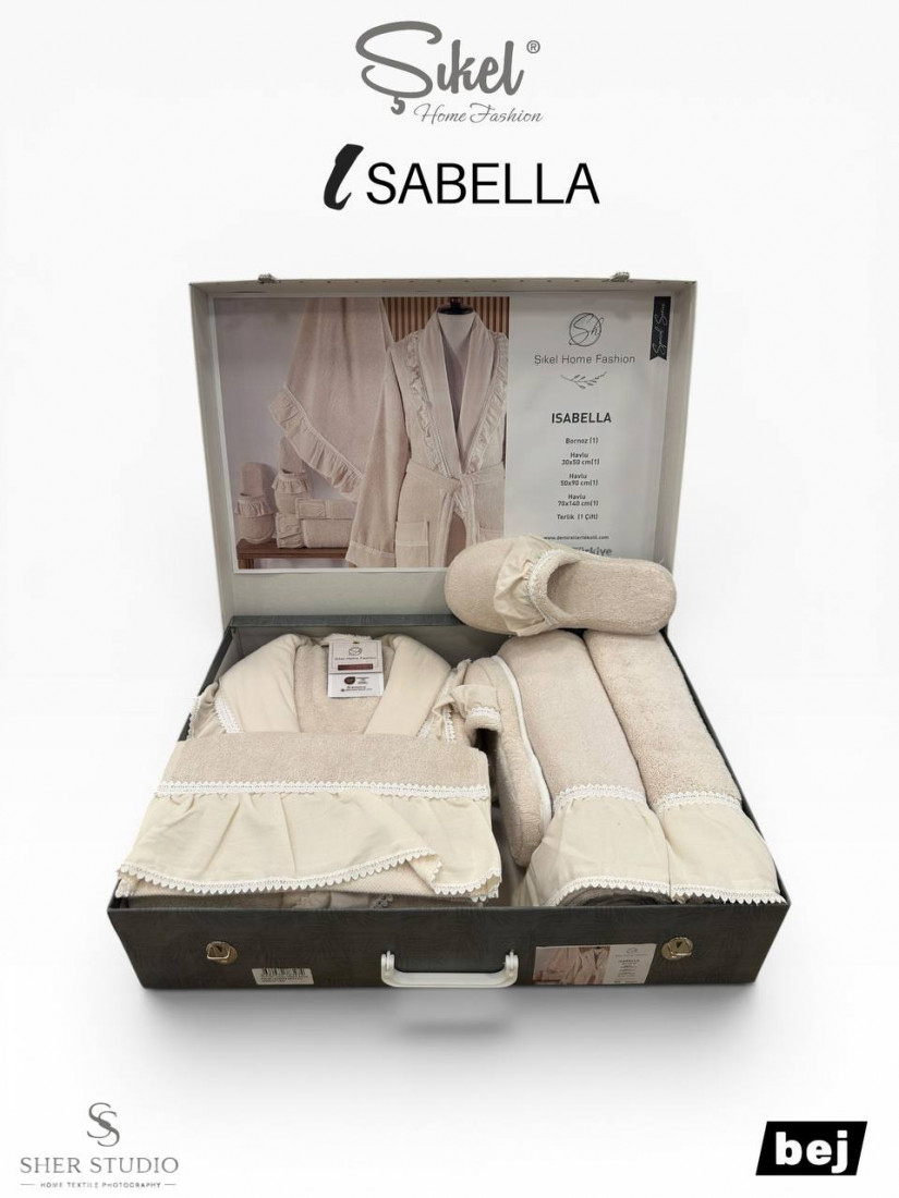 Sikel home "ISABELLA" Банный халат набор (халат, полотенца, тапочки, 100% хлопок) (Бежевый)