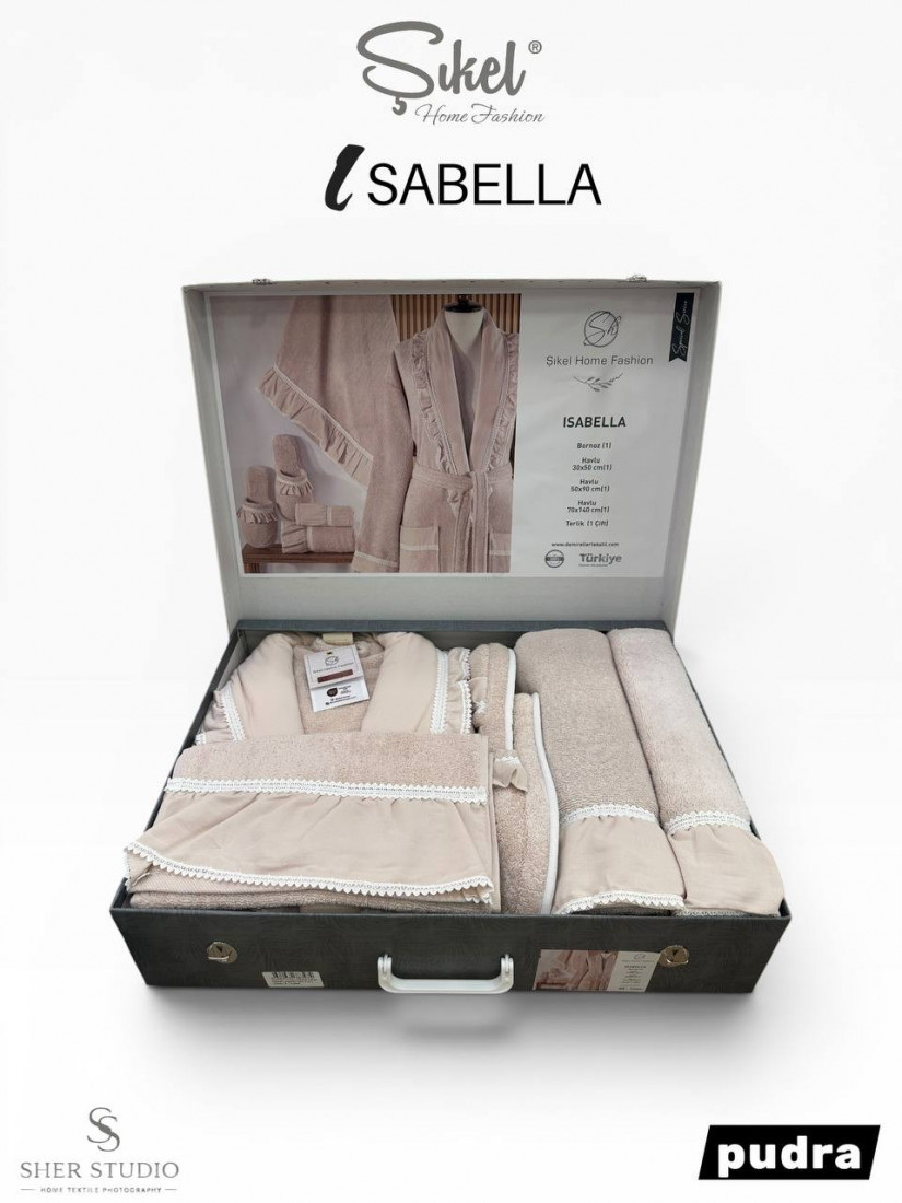 Sikel home "ISABELLA" Банный халат набор (халат, полотенца, тапочки, 100% хлопок) (Пудра)