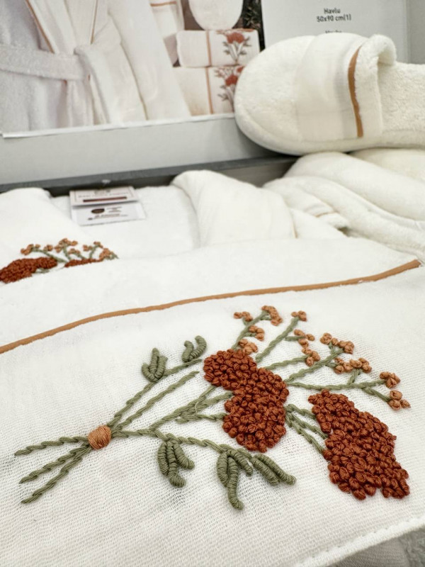 Sikel home "Lavanta" Банный халат набор (халат, полотенца, тапочки, 100% хлопок) (Кремовый)