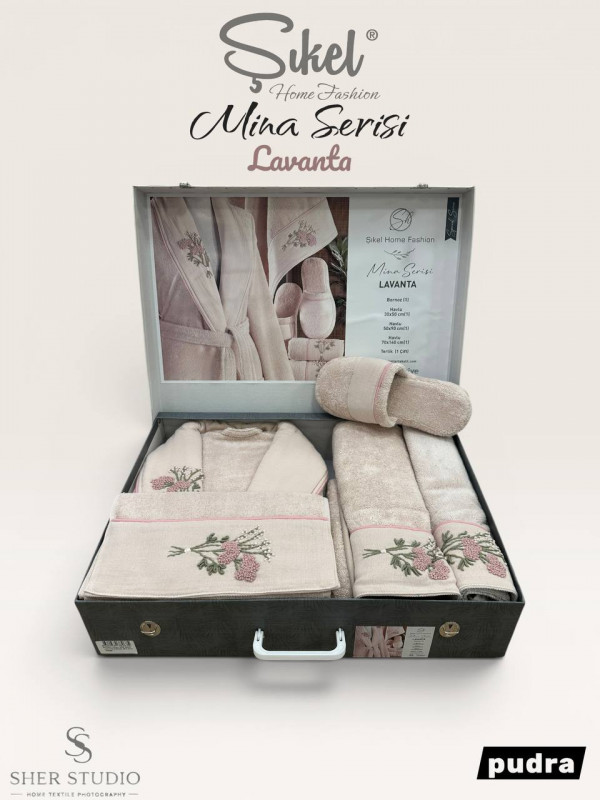 Sikel home "Lavanta" Банный халат набор (халат, полотенца, тапочки, 100% хлопок) (Пудра)