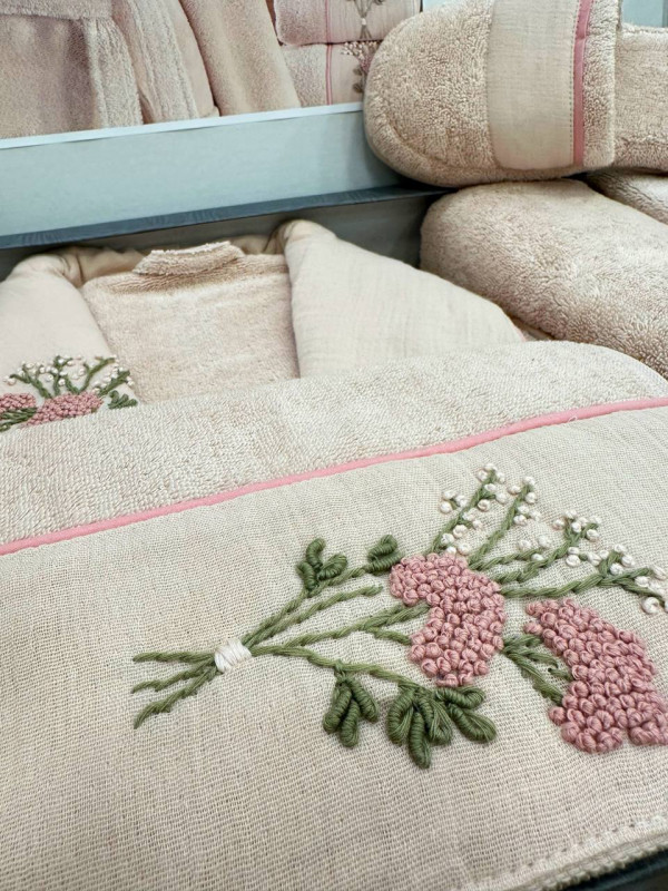 Sikel home "Lavanta" Банный халат набор (халат, полотенца, тапочки, 100% хлопок) (Пудра)