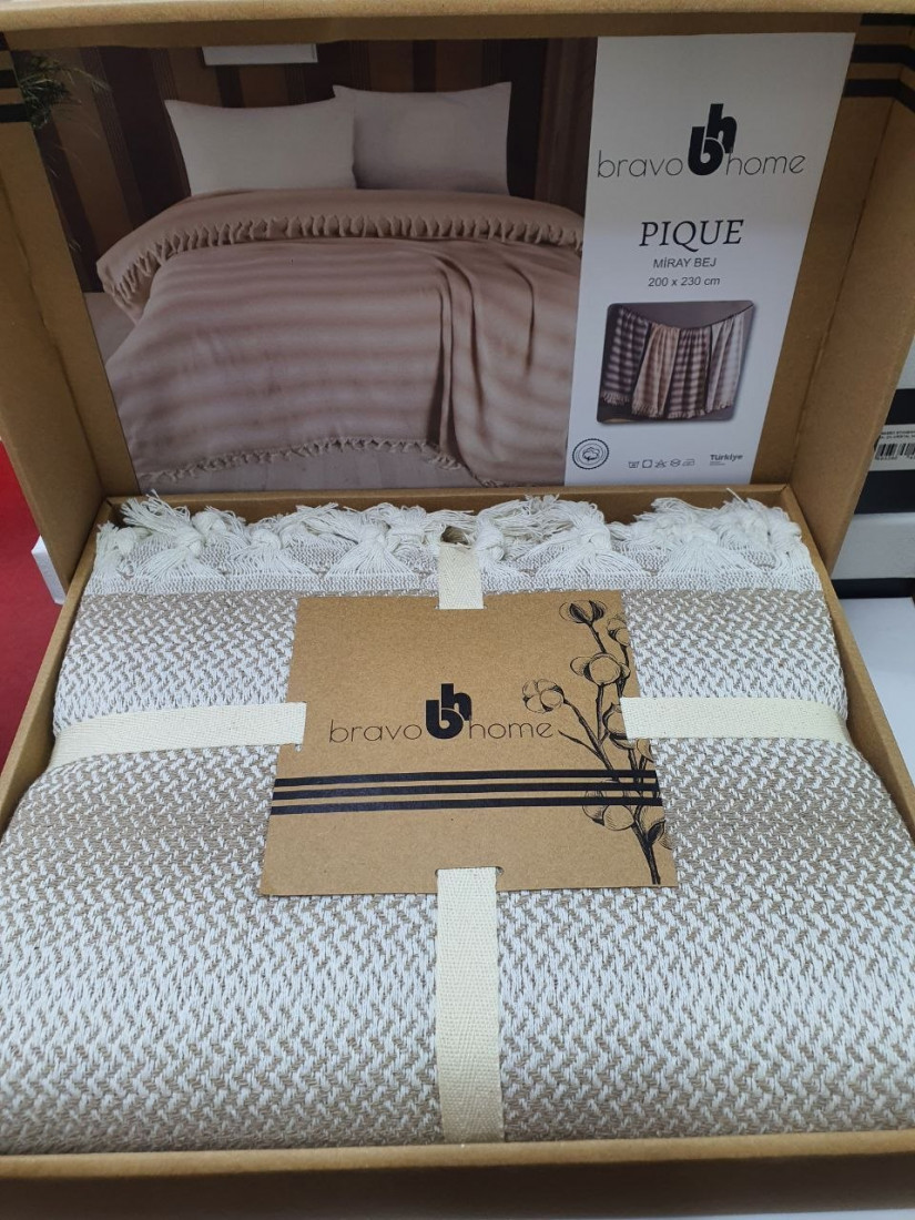 Летнее хлопковое покрывало Bravo Home Miray PIQUE 200×230 см (Бежевый)